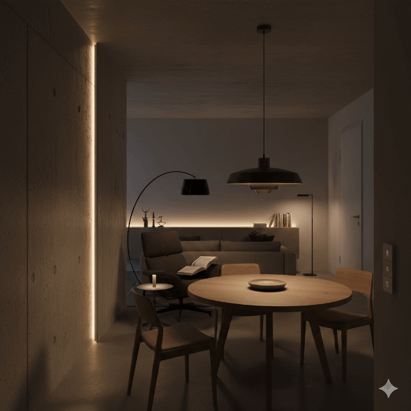 Wohnzimmer mit verschiedenen Lichtquellen